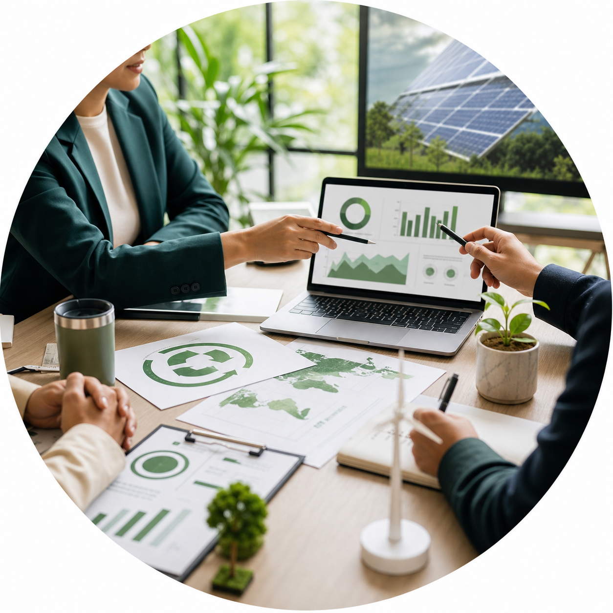 ESG consultants reviewing sustainability progress and reporting metrics